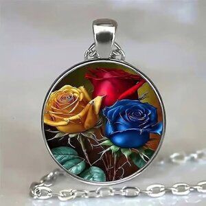 Silver COLORFUL ROSES Glass Cabochon Pendant Necklace